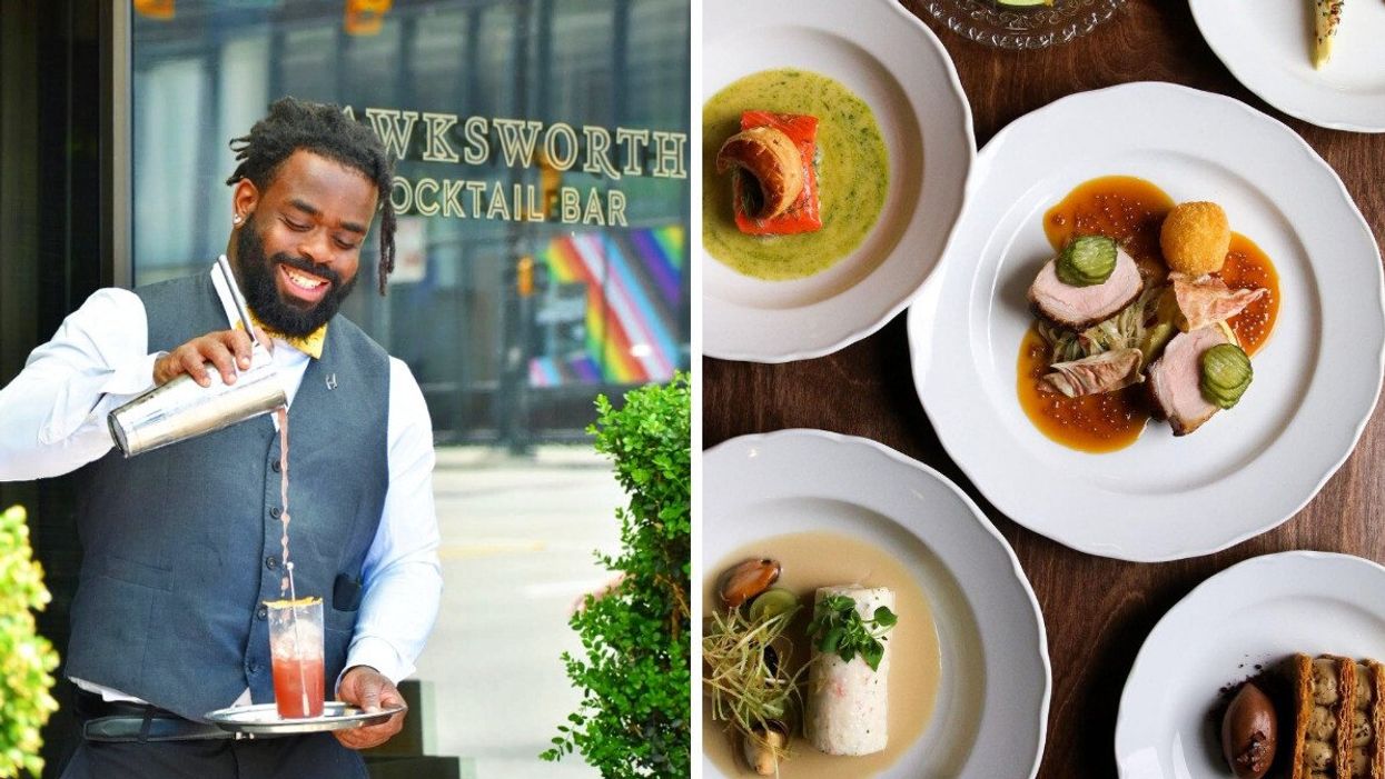 A person pouring a red drink at Hawksworth in Vancouver. Right: Different dishes on a table at St. Lawrence in Vancouver.