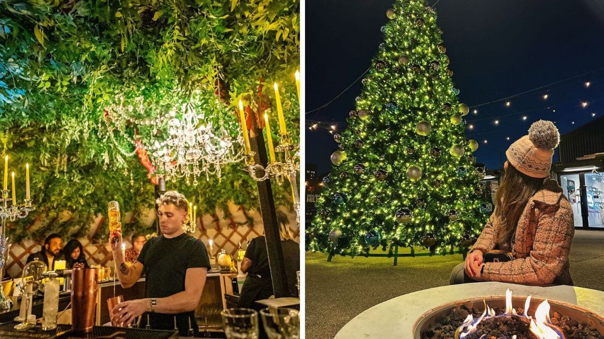 A person pouring drinks at a bar. Right: A person sitting by a fire looking at a Christmas tree.