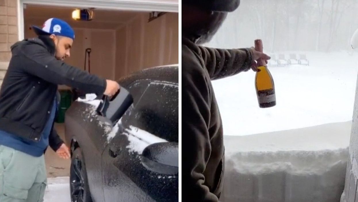 A person pouring water on their car. Right: A person holding a bottle amidst snow.