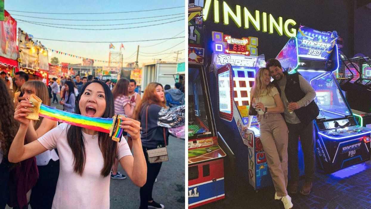 A person pulling apart a sandwich with multi-coloured cheese. Right: A couple cuddling in front of arcade games.
