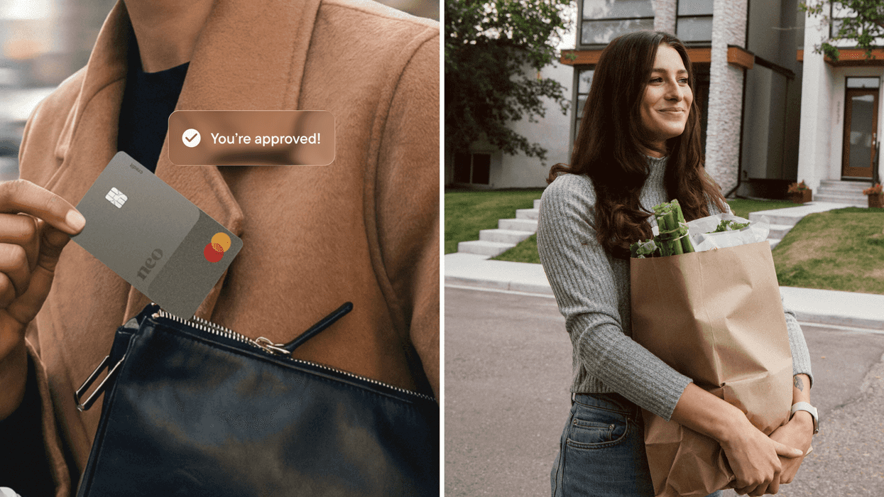 A person pulls a Neo Mastercard from their black purse. Right: A woman holds a paper bag of groceries.