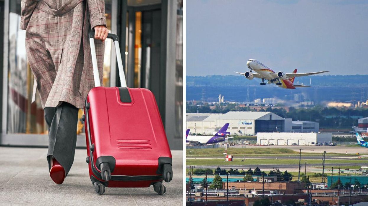 A person pulls a suitcase. Right: A plane takes off from Toronto Pearson Airport.