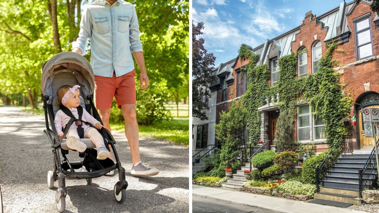 A person pushing a child in a stroller. Right: Houses in Quebec.
