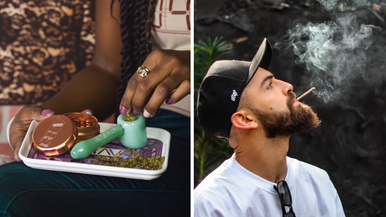 A person putting cannabis in a pipe. Right: A man smoking a cannabis joint.