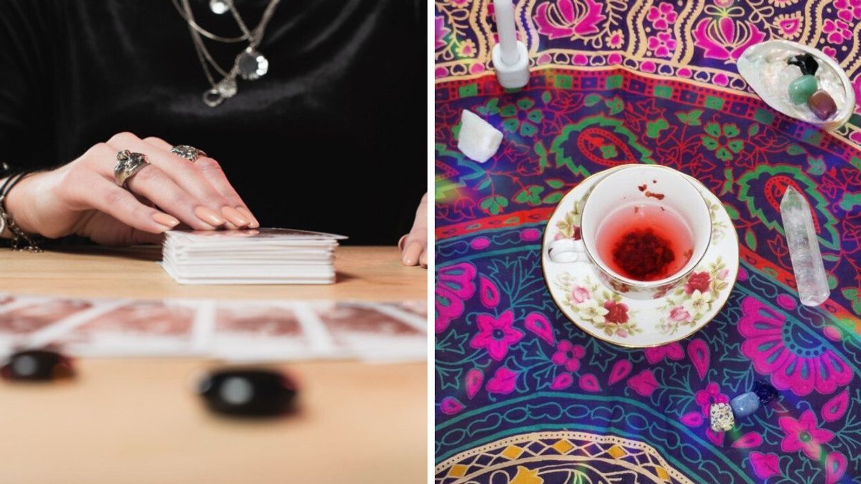 A person reads cards. Right: A cup of tea.