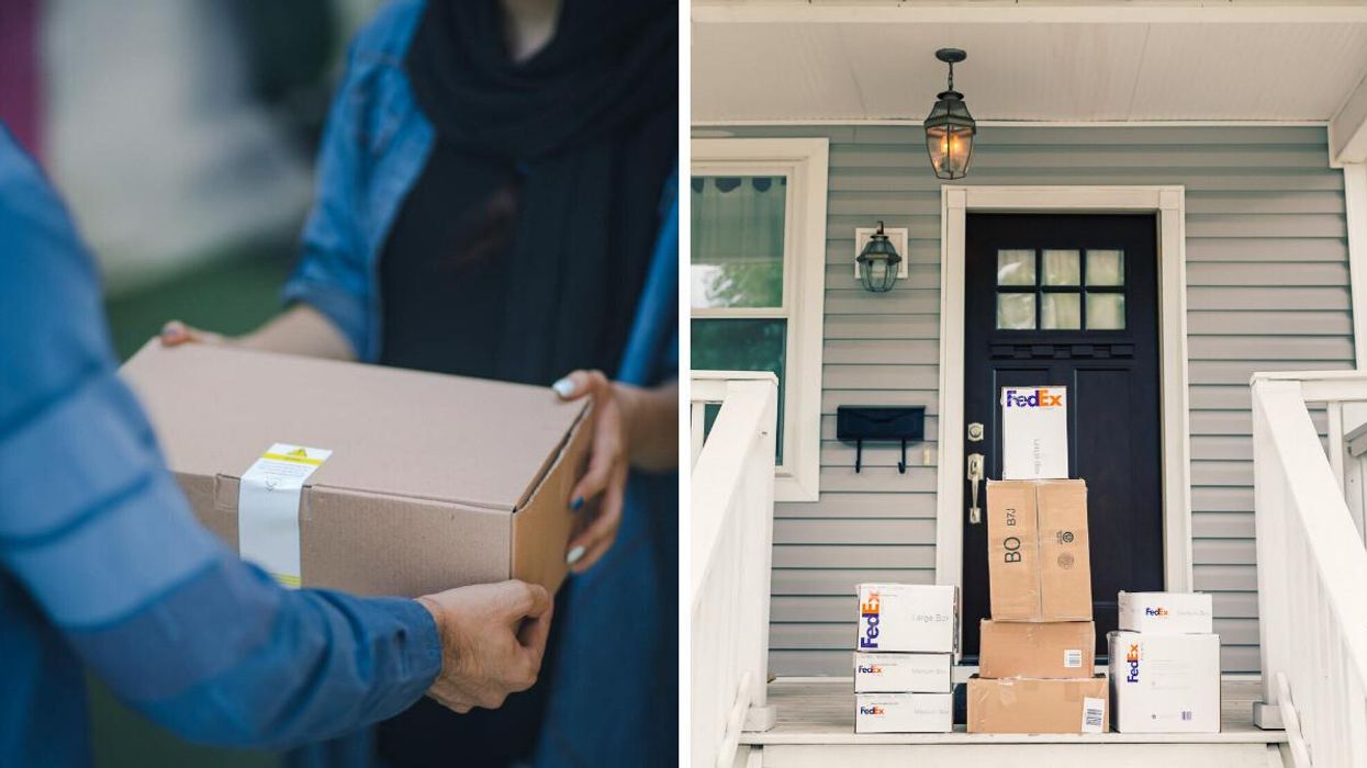 A person receives a package. Right: Packages on a doorstep.