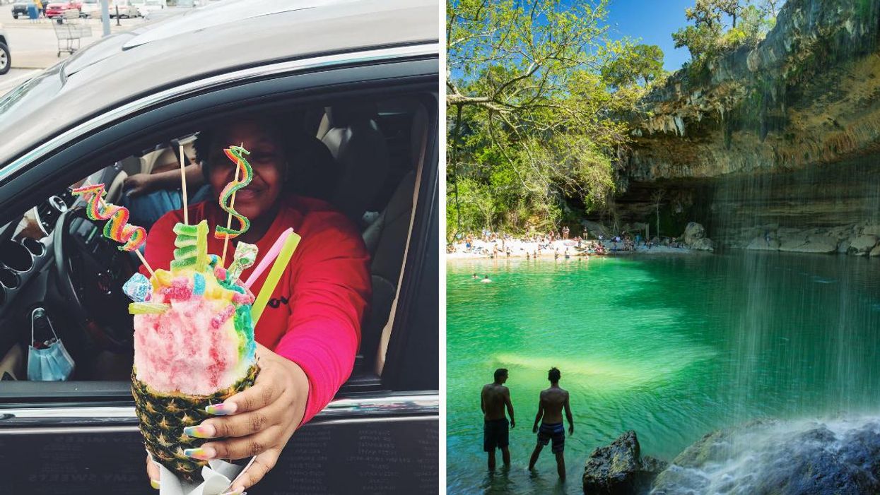 A person receives a snow cone from Sweetzy's. Right: People stand in a Texas pool.