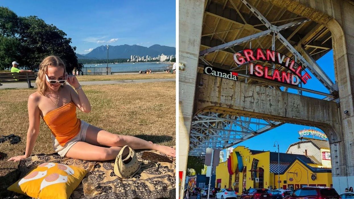 A person reclines on the grass in front of Vancouver. Right: The sign under Granville Island Bridge that reads "Granville Island."