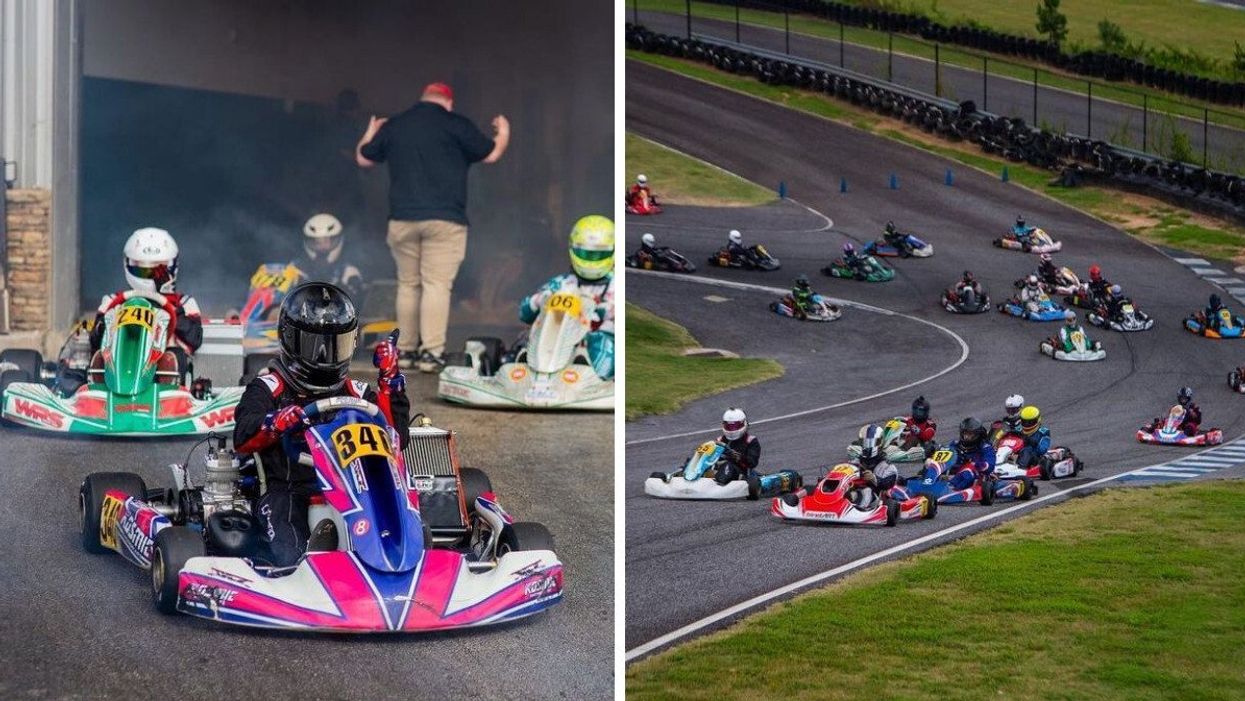 A person riding a go-kart. Right: A karting race.