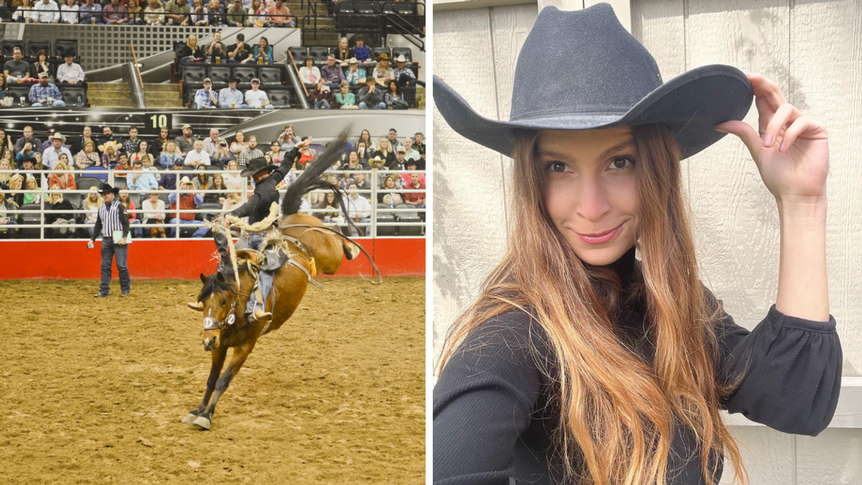 A person riding a horse at the San Antonio Rodeo. Right: Texas staff writer Brittany Cristiano.