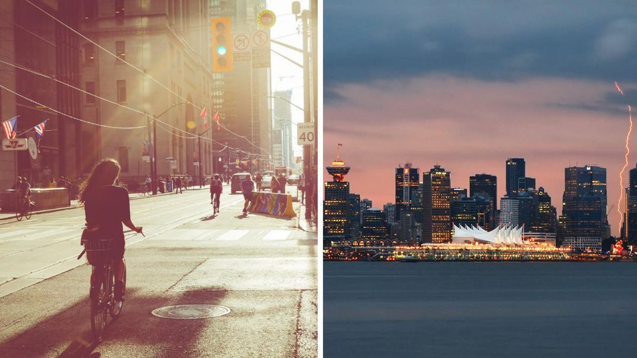 A person riding their bike in the sun in Toronto. Right: A storm in Vancouver.