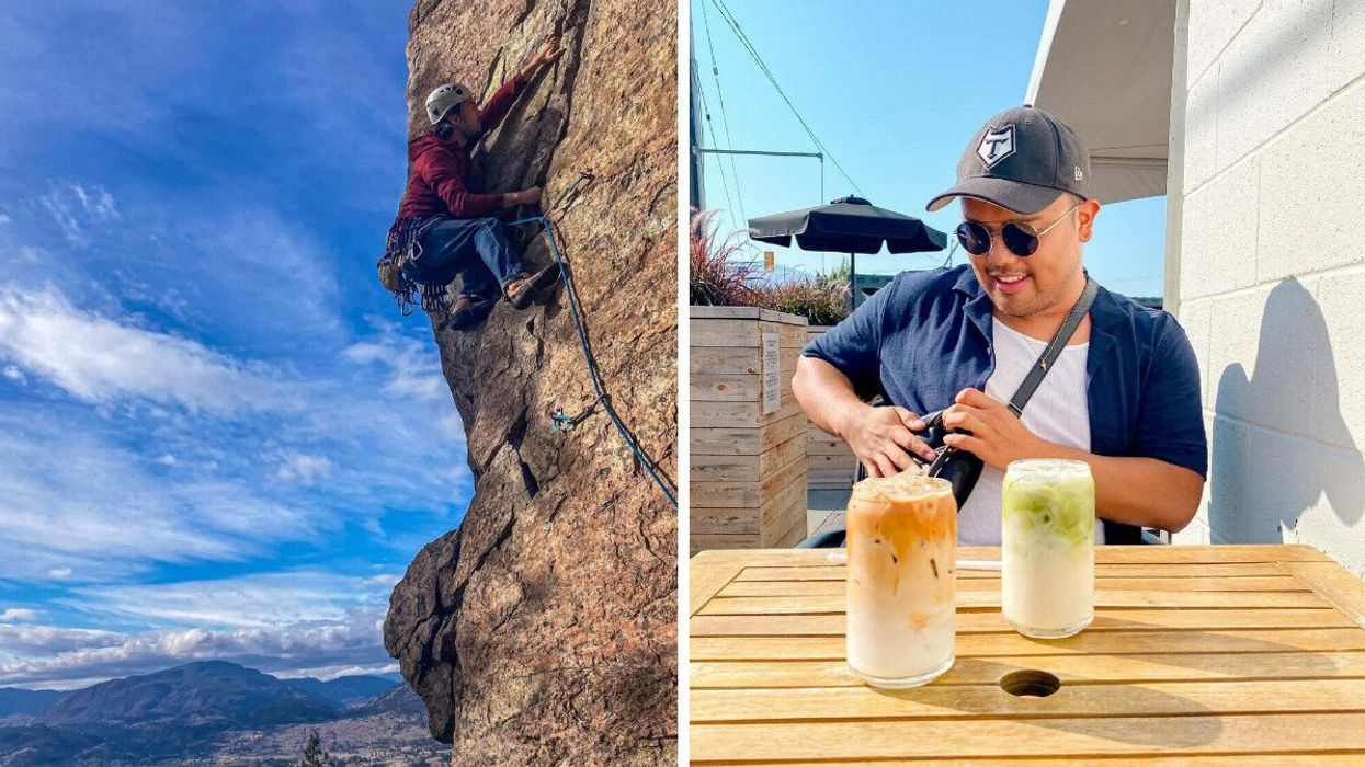 A person rock climbing at Skaha Bluffs. Right: A person sitting at the Wayne & Freda cafe with two beverages in front of them.