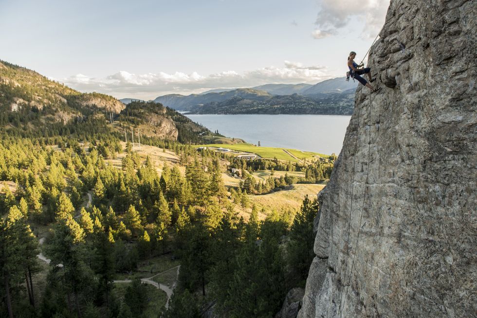 A person rock climbing The Fortress at Skaha Bluffs.