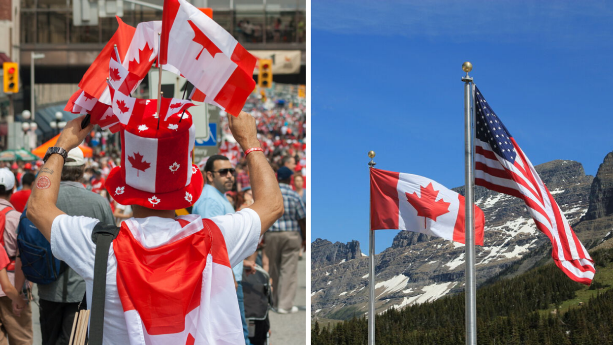 A person selling Canada souvenirs. Right: A Canadian and American flag side by side.