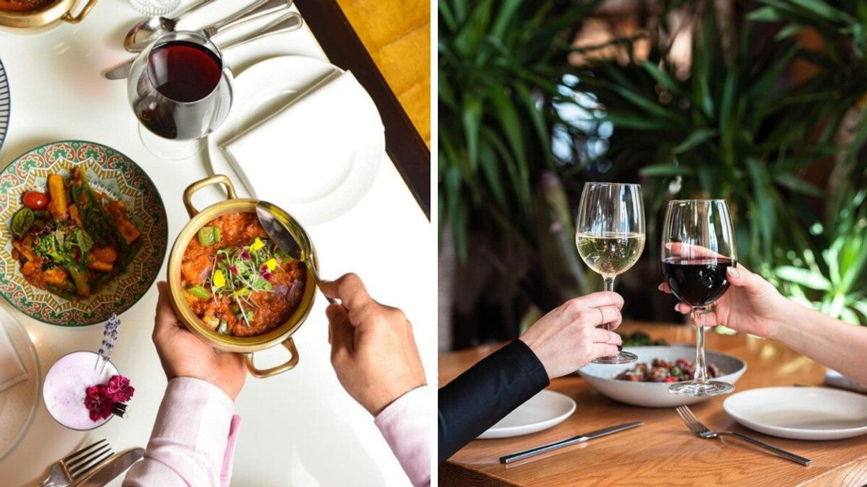 A person serving an Indian dish at a restaurant. Right: People holding two glasses of white and red wine.