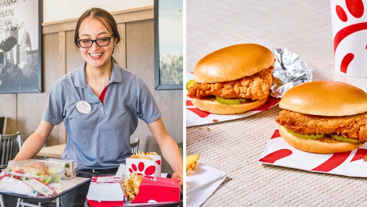 A person serving Chick-fil-A. Right: Fried chicken sandwiches from Chick-fil-A.