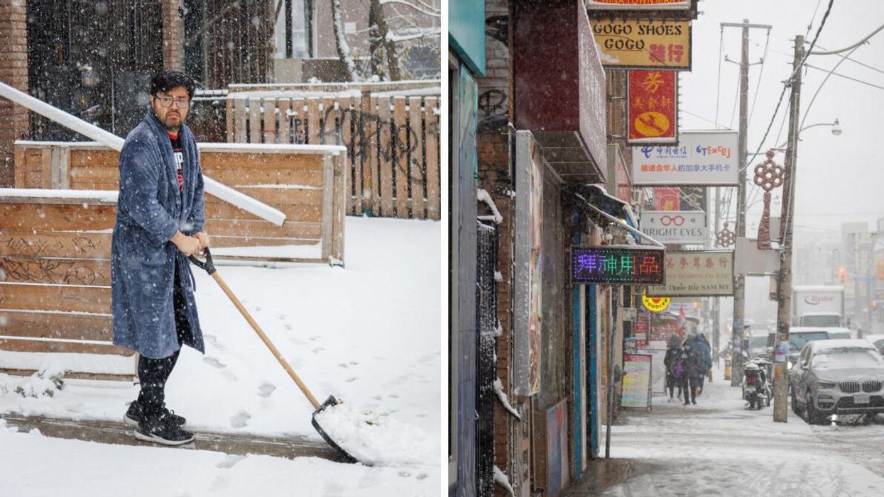 A person shovelling snow. Right: Snow on the streets.