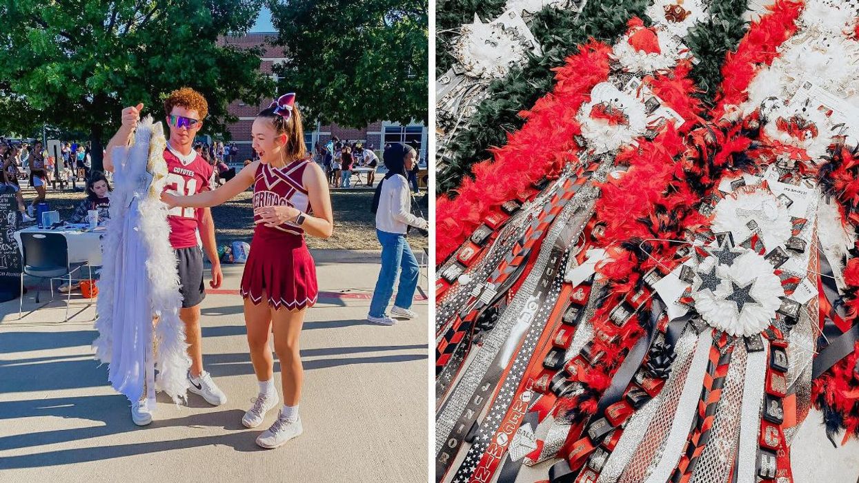A person shows a white mum to a cheerleader. Right: Red, white, and black colored mums.