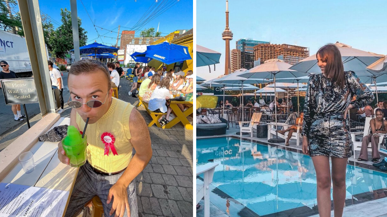 A person sipping a cocktail at Pennies Bar. Right; A person in front of the pool at Lavelle.