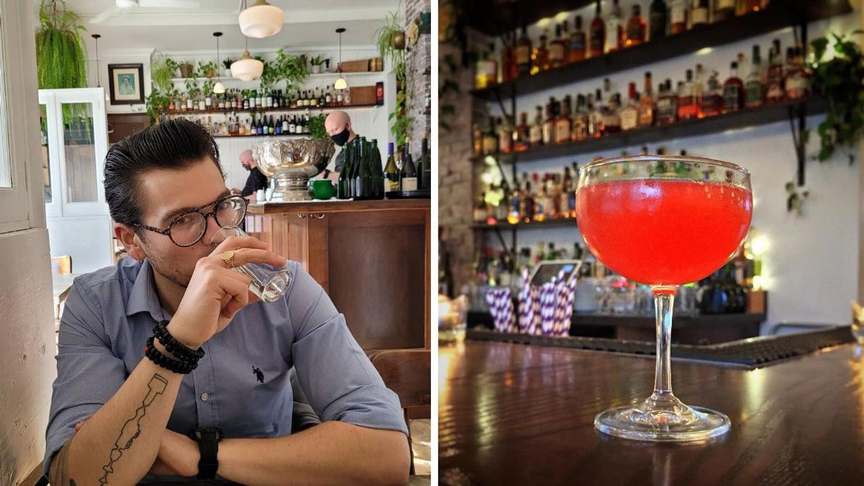 A person sips a drink at Bar Kismet in Halifax. Right: A cocktail at Bar Kismet.