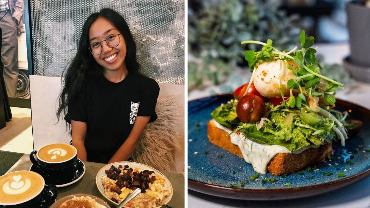 A person sits at a table with breakfast food and two lattes. Right: A slice of toast loaded with greens and an egg.