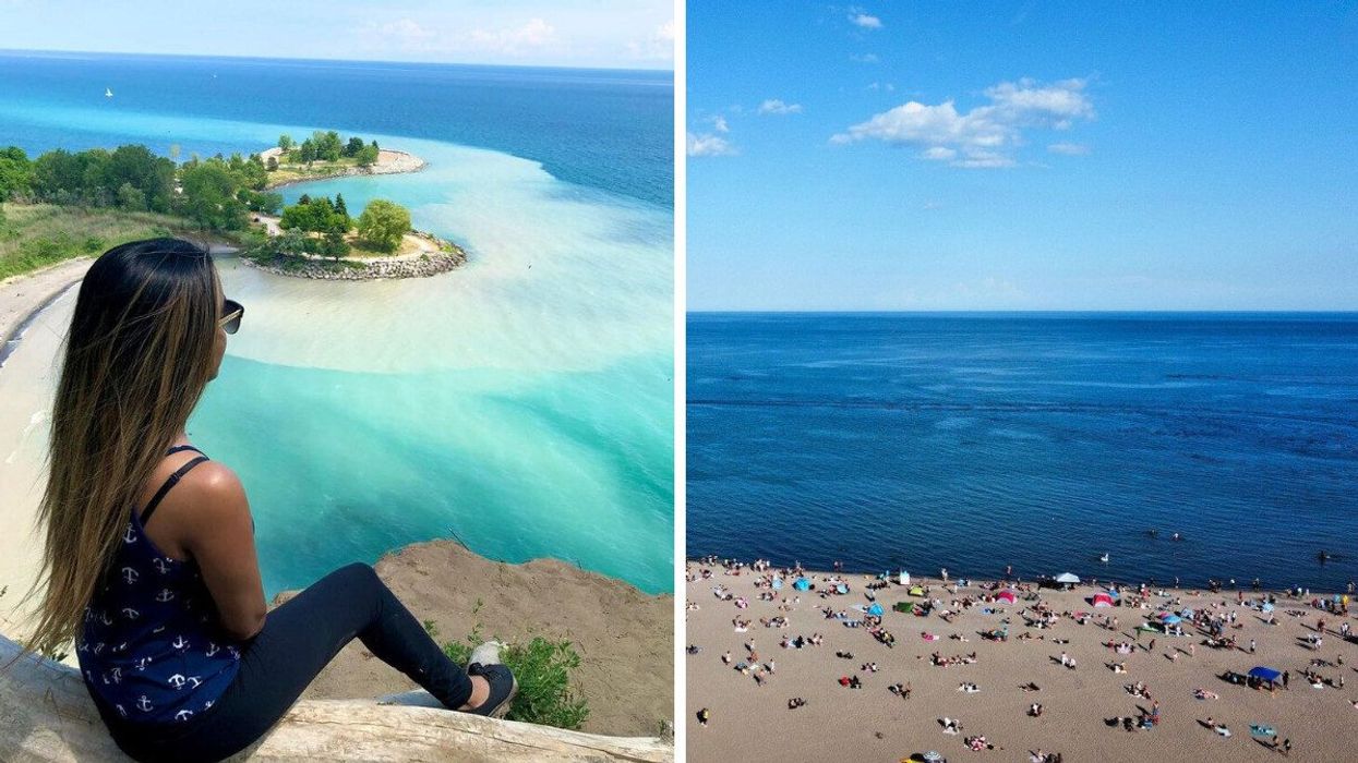 A person sits by a lake in Ontario. Right: People are seen on the sand at a beach with blue water.