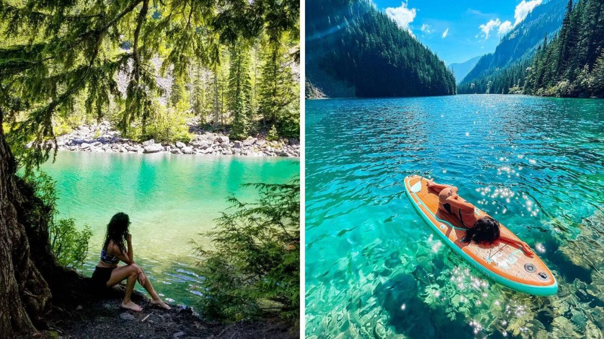 A person sits by Lindeman Lake in B.C. Right: A person floats on the lake.