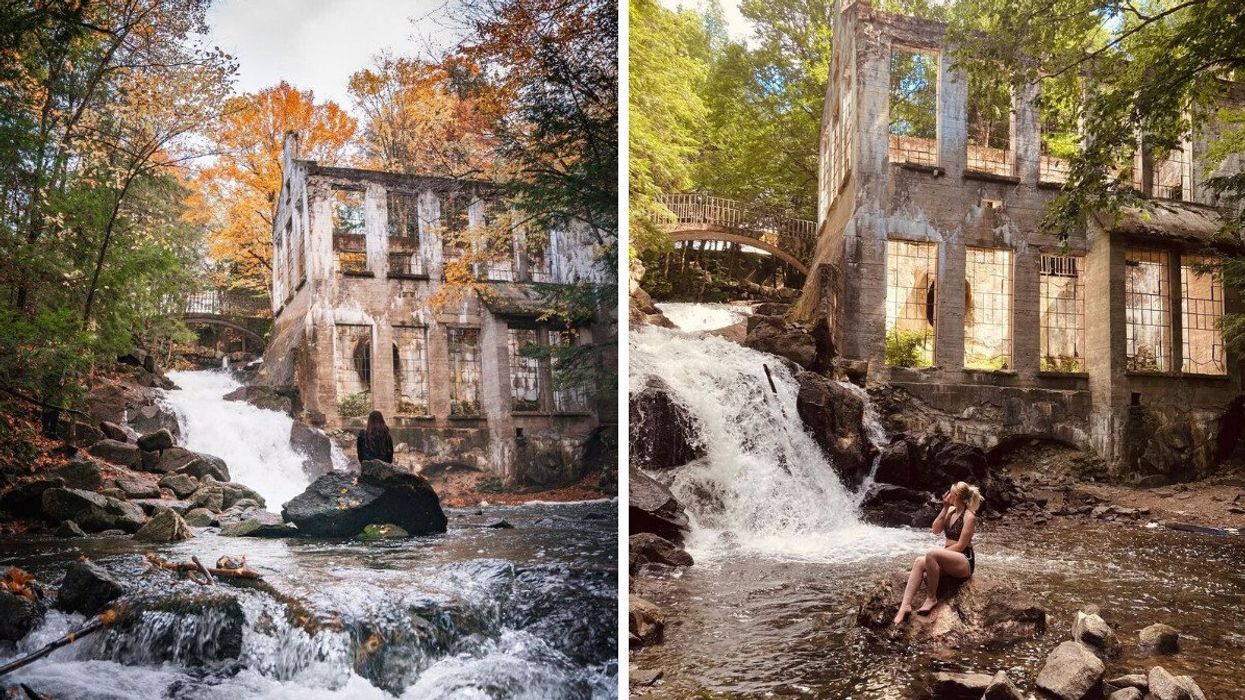 A person sits by ruins in Quebec. Right: A person sits by a waterfall near ruins in a park.
