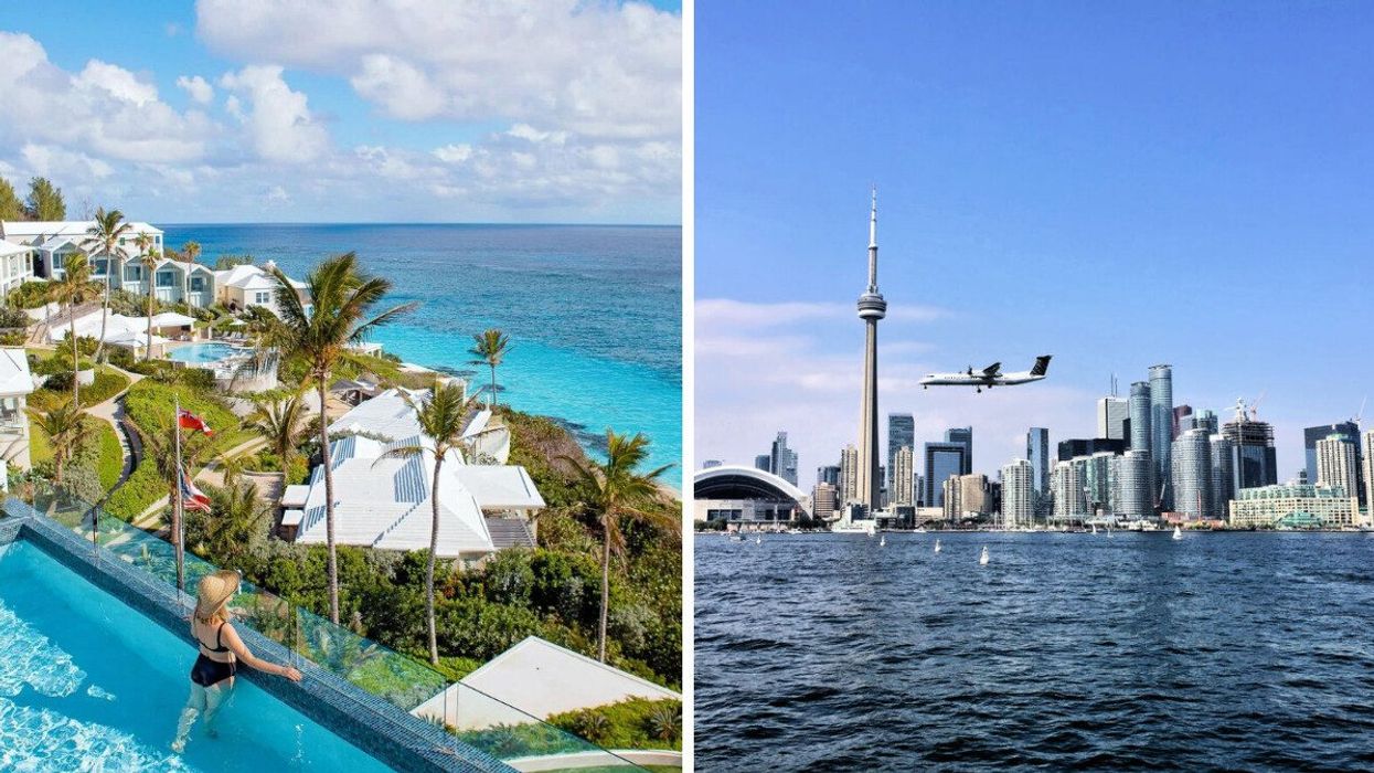 A person sits in a pool at a resort. Right: A plane flies in front of the CN Tower in Toronto.