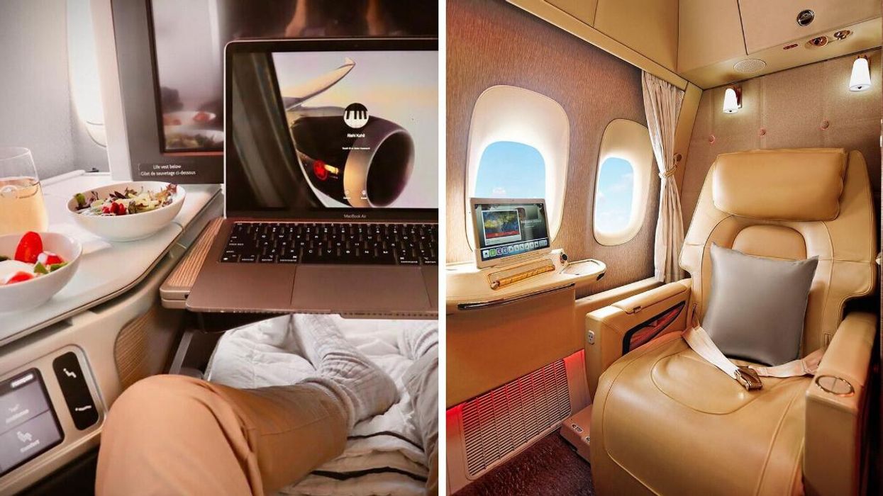 A person sits in Air Canada's Signature Class. Right: A seat in Emirates' first class.