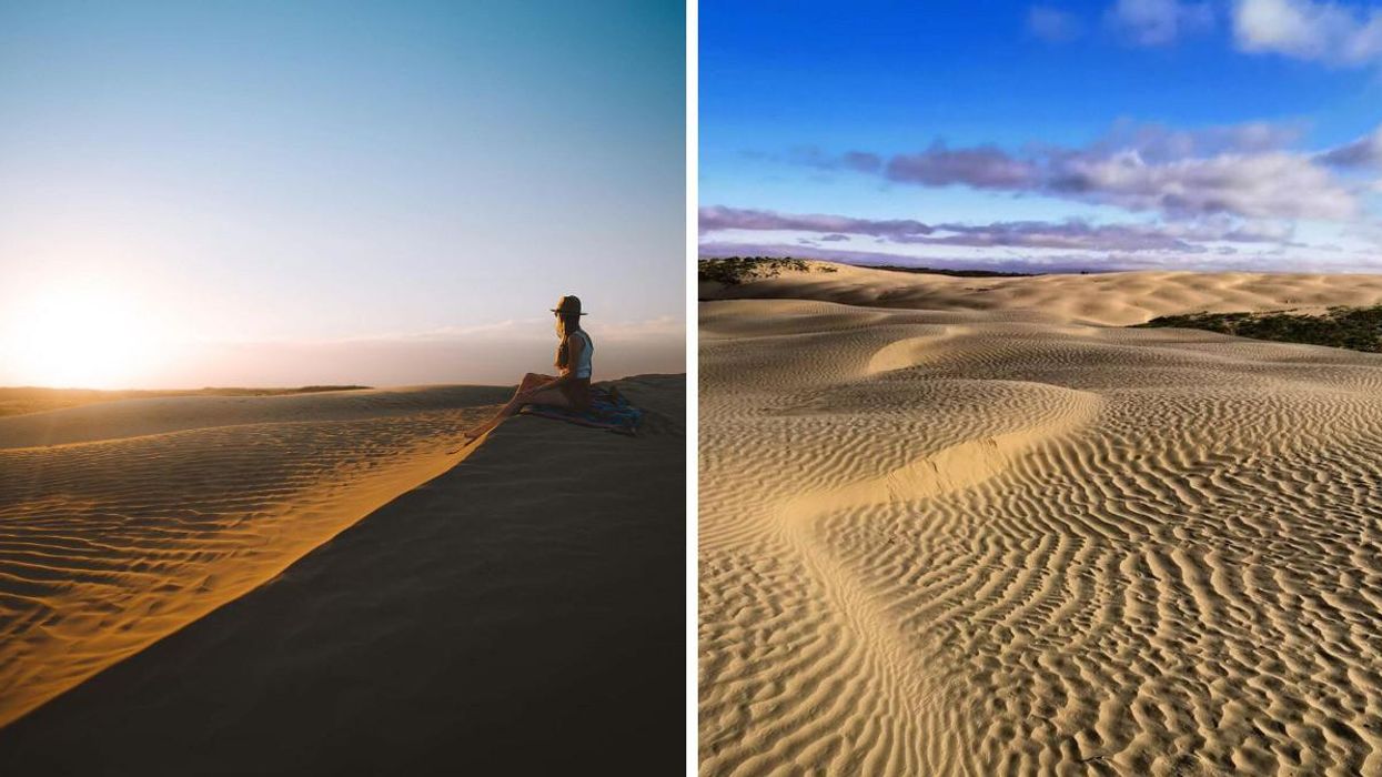 A person sits on a sand dune. Right: The Great Sandhills sand dunes in Saskatchewan.