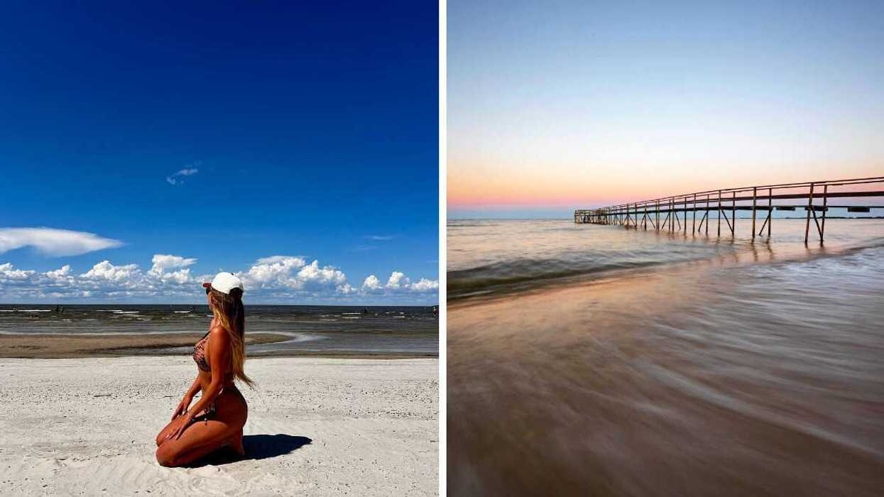 A person sits on a white sand beach in Manitoba. Right: A beach in Manitoba. 