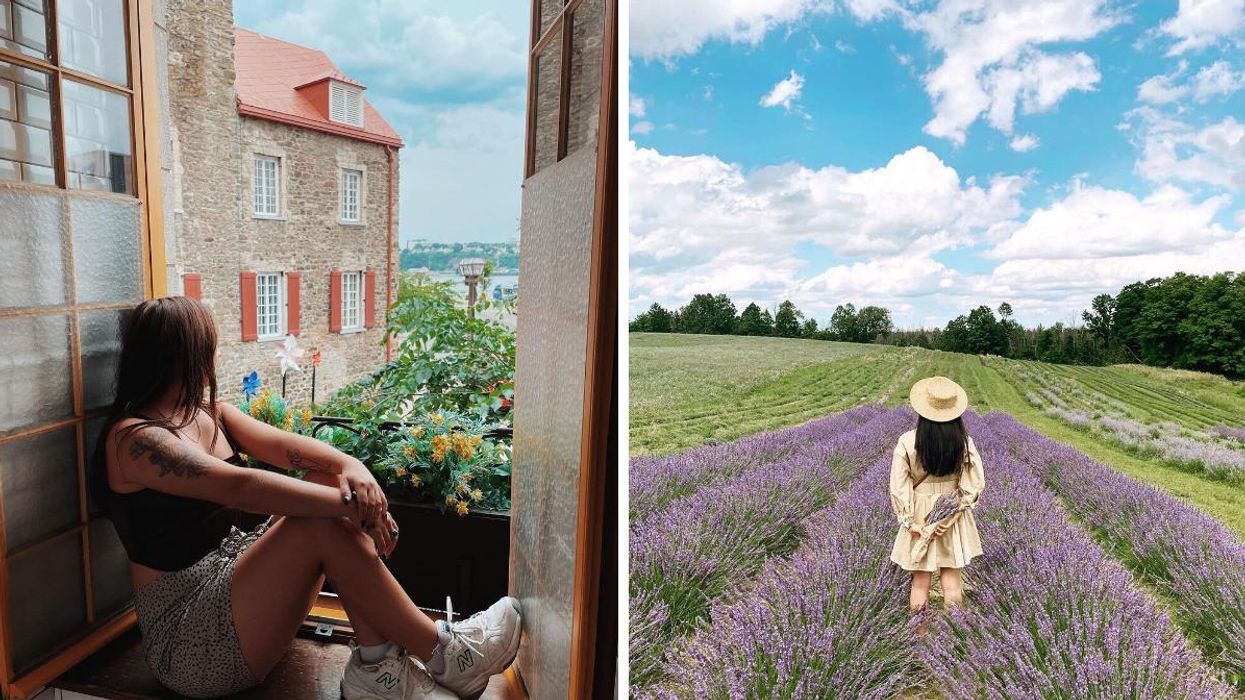 A person sits on a windowsill in Quebec. Right: A person stands in a lavender farm in Ontario.