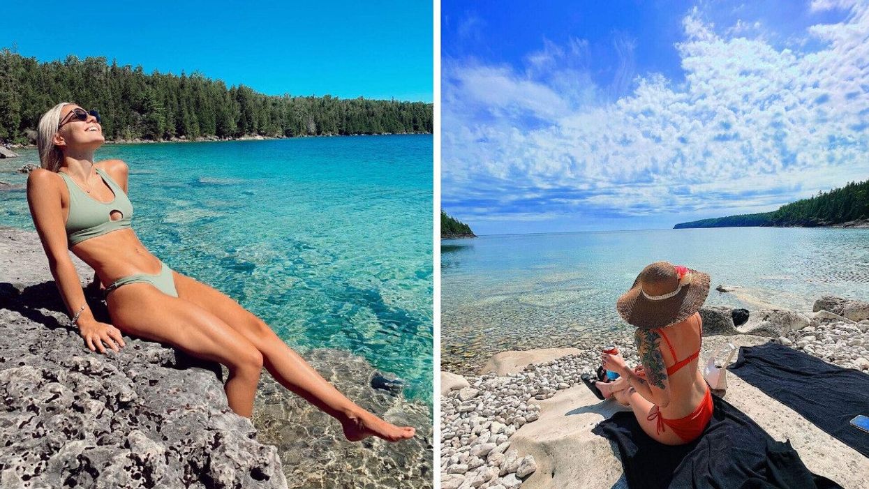 A person sits on rocks at a beach in Ontario. Right: A person on the shore of the beach.