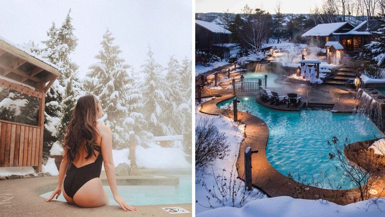 A person sits on the edge of a hot pool outside surrounded bu snowy trees. Right: The hot pools of a spa are seen from above amid a snowy landscape.