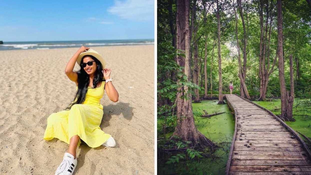 A person sittin on a sandy shore. Right: A person walking on a boardwalk trail.