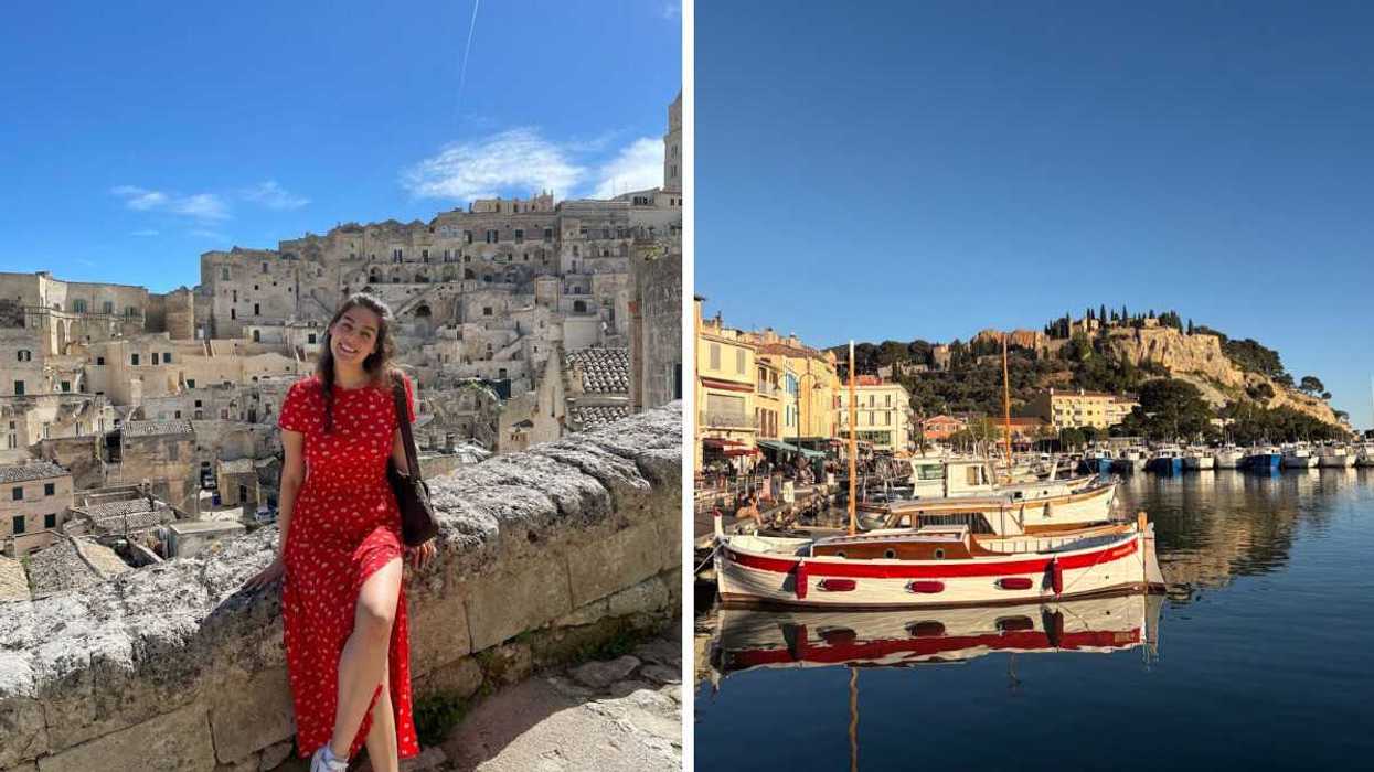 A person sitting among old architecture. Right: A boat in a scenic coastal town.