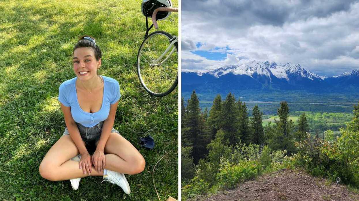 A person sitting and smiling in grass. Right: A forested mountain range.