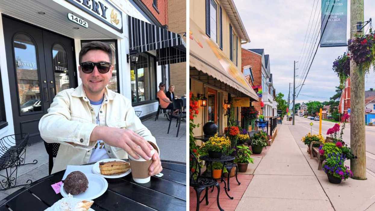 A person sitting at a bakery. Right: A street with flowers.