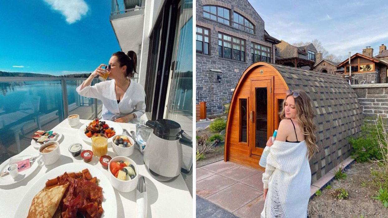 A person sitting at a breakfast table overlooking the water. Right: A person standing outside a sauna.