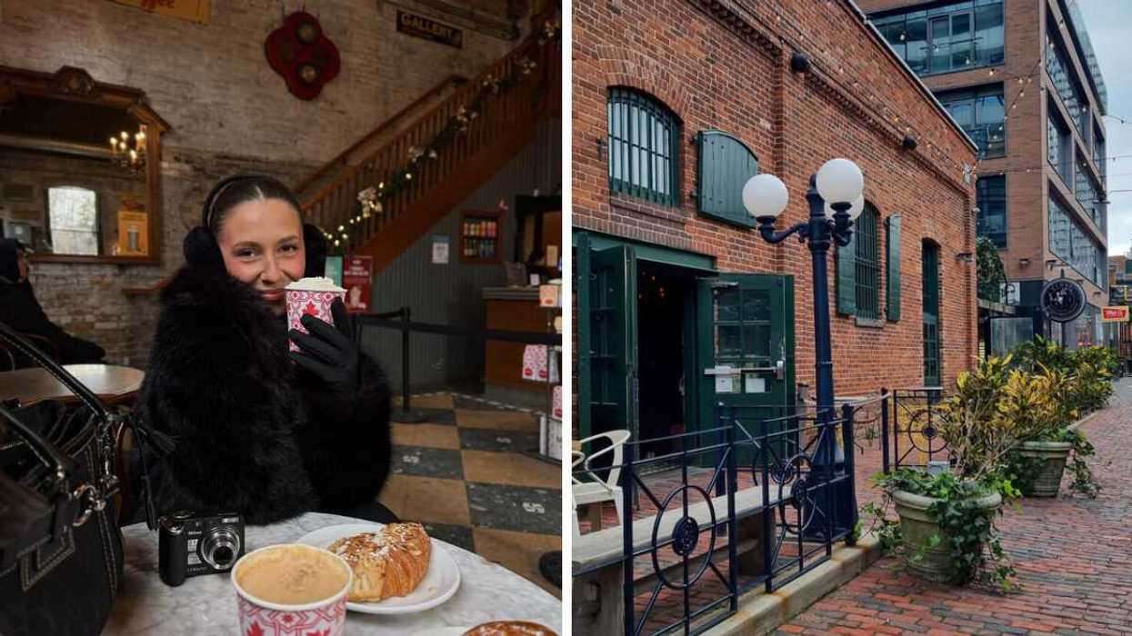 A person sitting at a cafe. Right: A historic street.