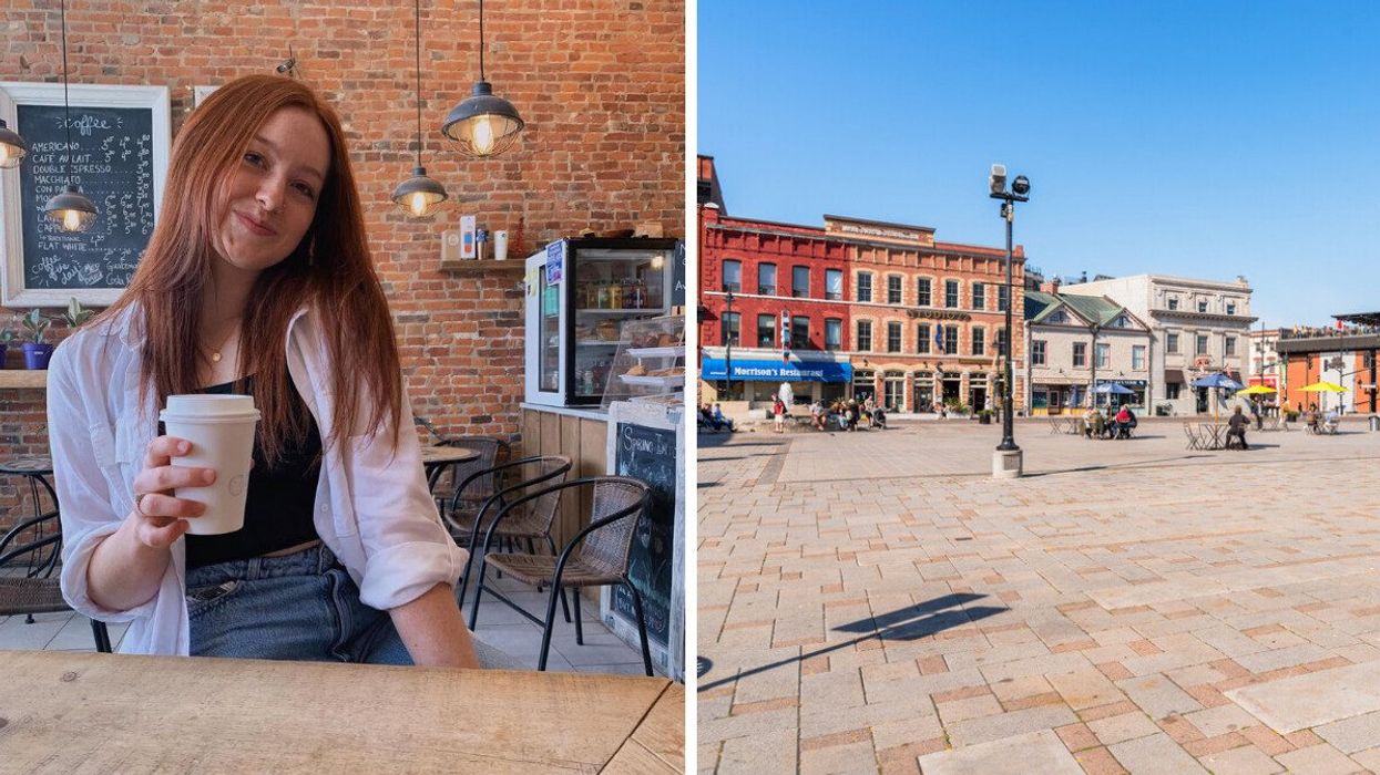 A person sitting at a cafe. Right: A historic town square.
