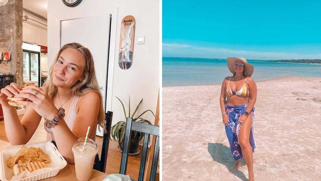 A person sitting at a cafe. Right: A person standing on a beach.