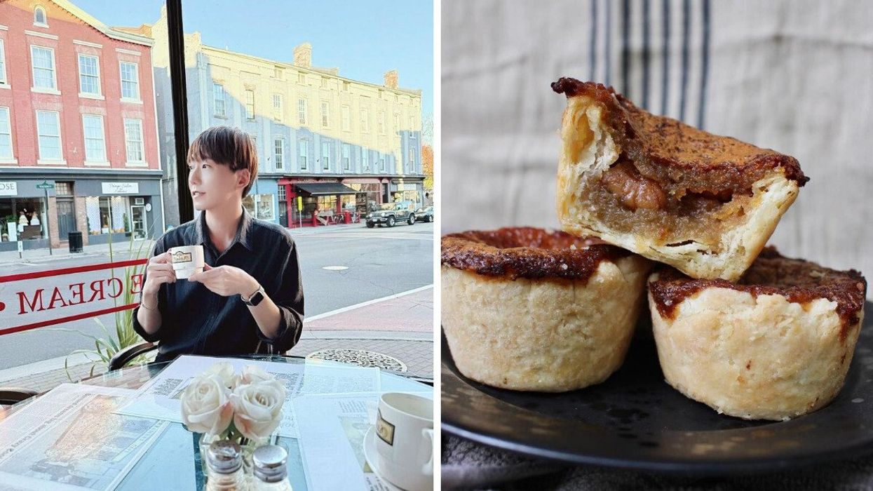 A person sitting at a cafe. Right: A plate of butter tarts.