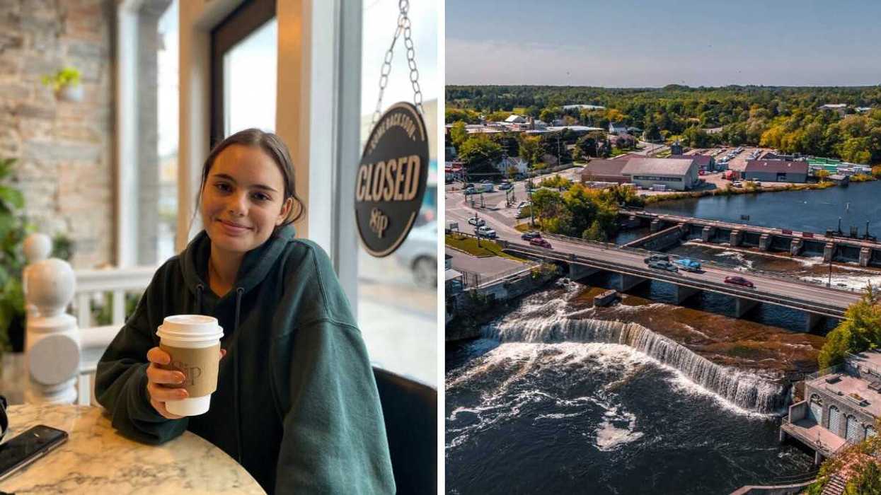 A person sitting at a cafe. Right: A small town with a waterfall.