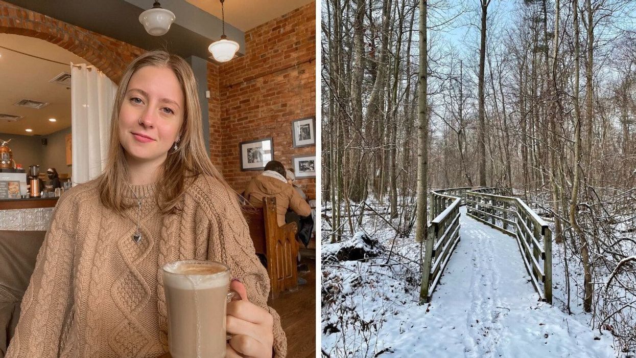 A person sitting at a cafe. Right: A snowy trail through a forest.