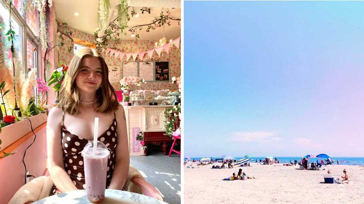 A person sitting at a cafe. Right: A white sand beach.
