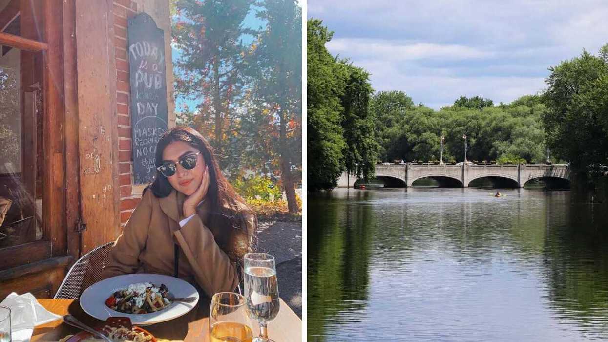 A person sitting at a patio. Right: A bridge over a river.
