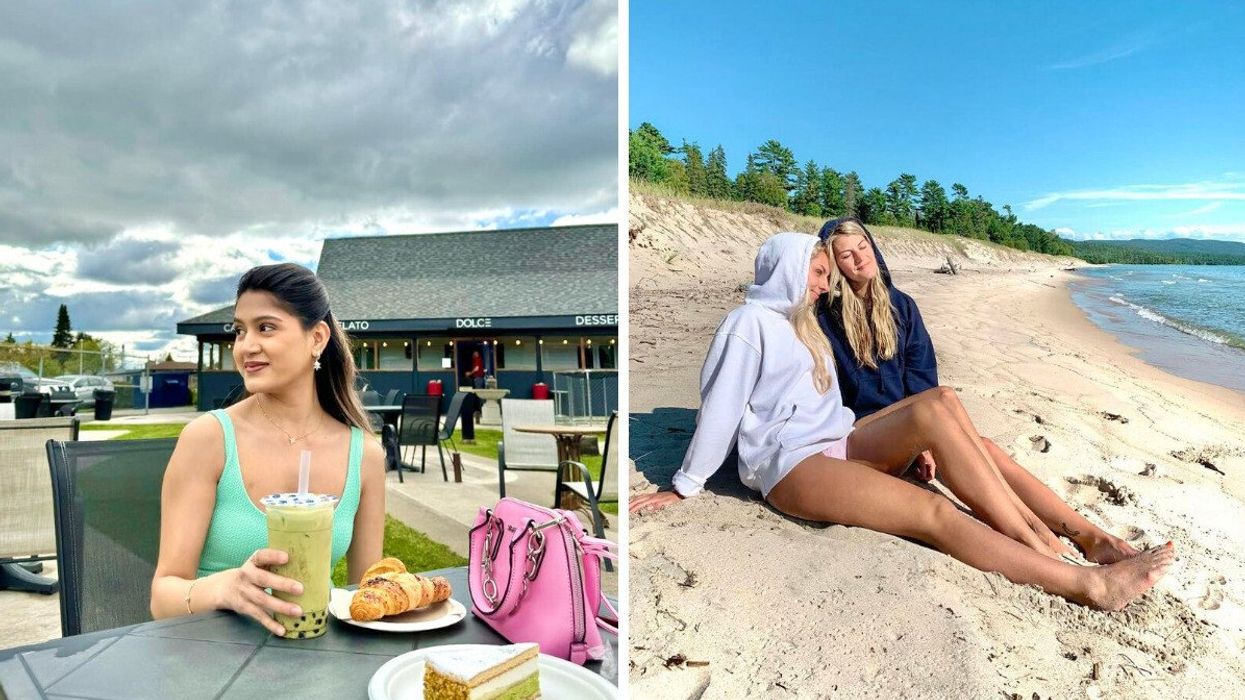 A person sitting at a patio. Right: Two people sitting on a beach.