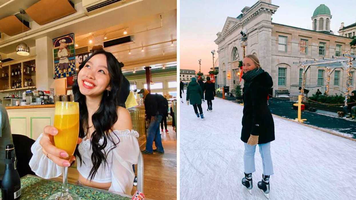 A person sitting at a restaurant holding a mimosa. Right: A person skating.